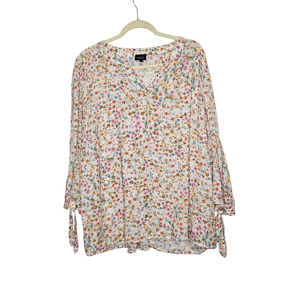 Jones & Co Floral Blouse 2X Long Sleeve V Neck Tie Sleeve Multicolor Top